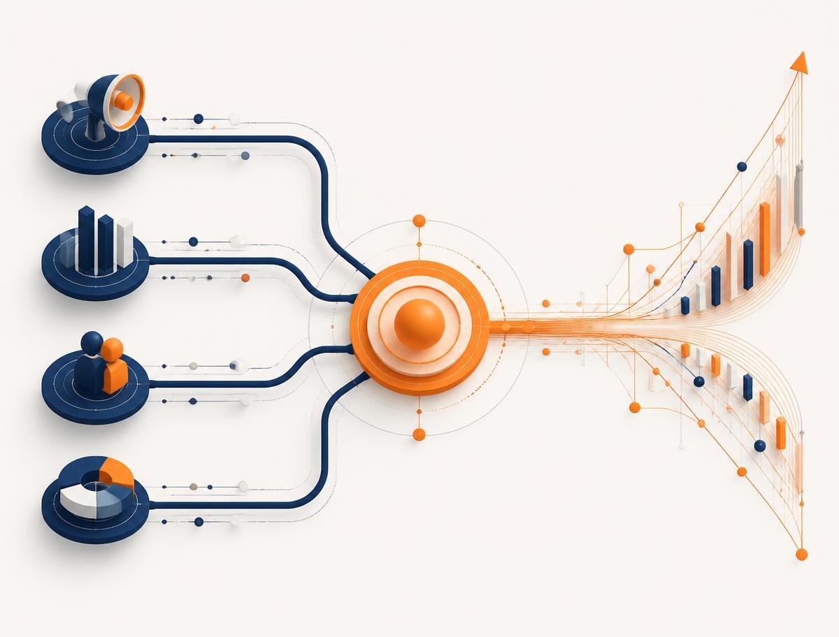 Abstract diagram of separate navy lines converging into a single connected node