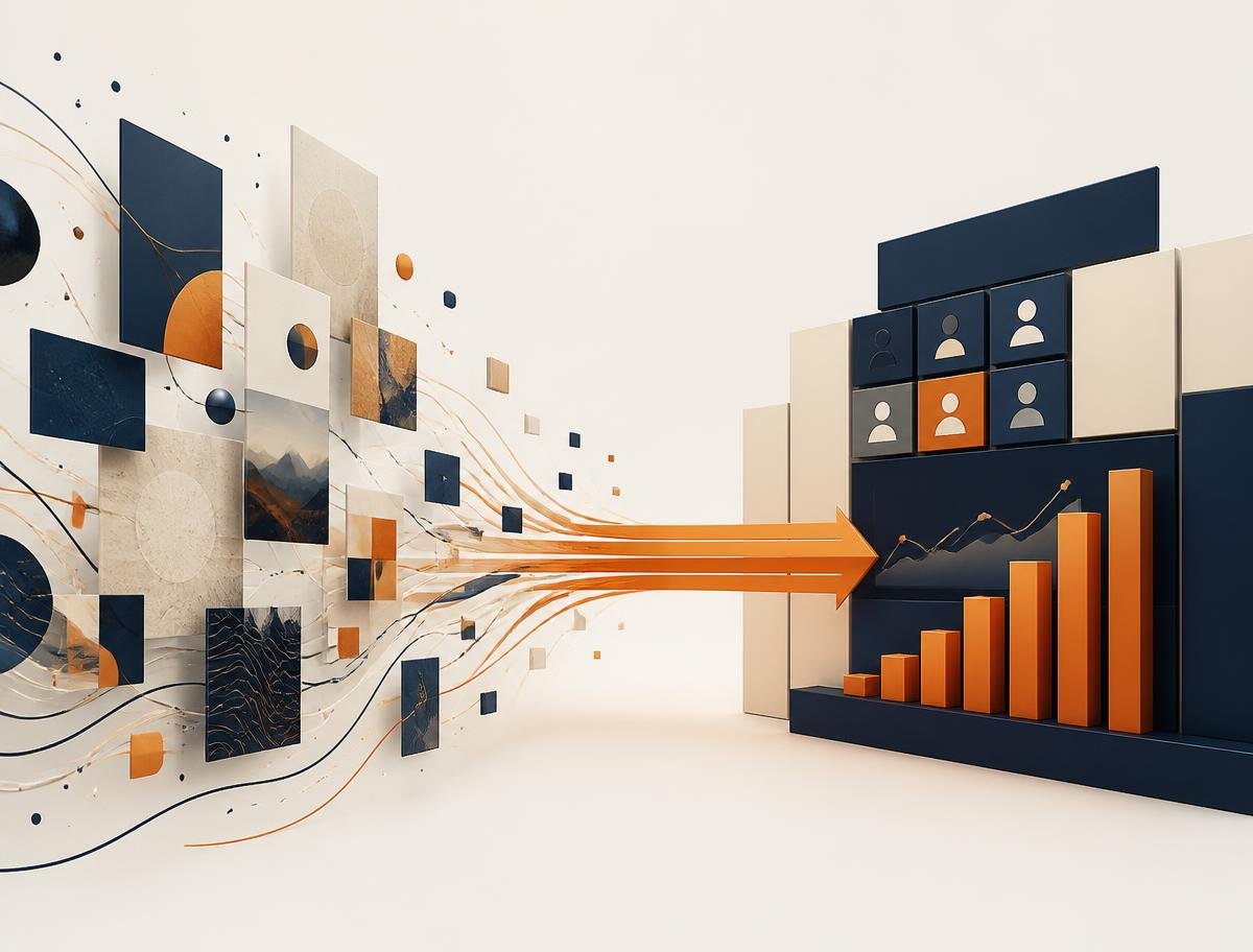 Abstract geometric frames rising like a staircase, representing creative proof compounding into recurring revenue