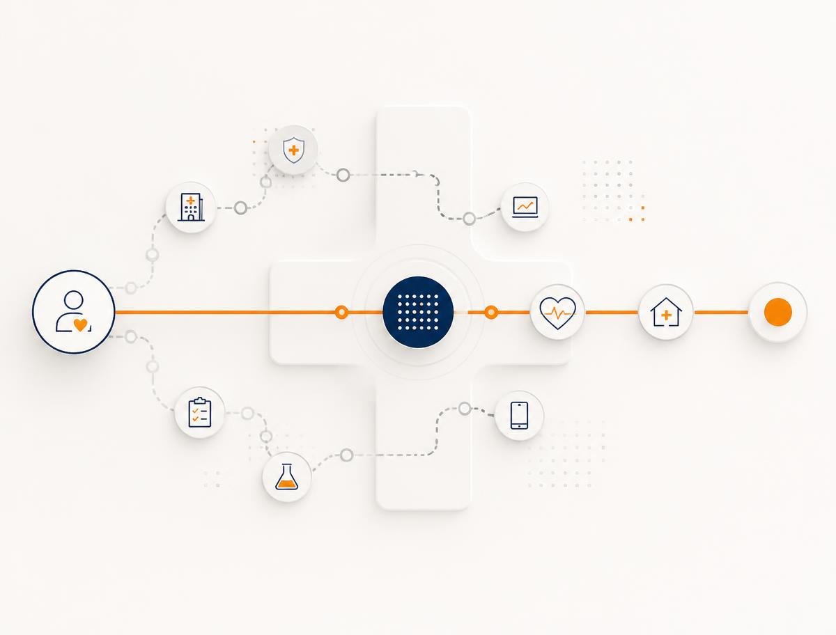 Layered architectural steps representing trust built before demand in a HealthTech growth system