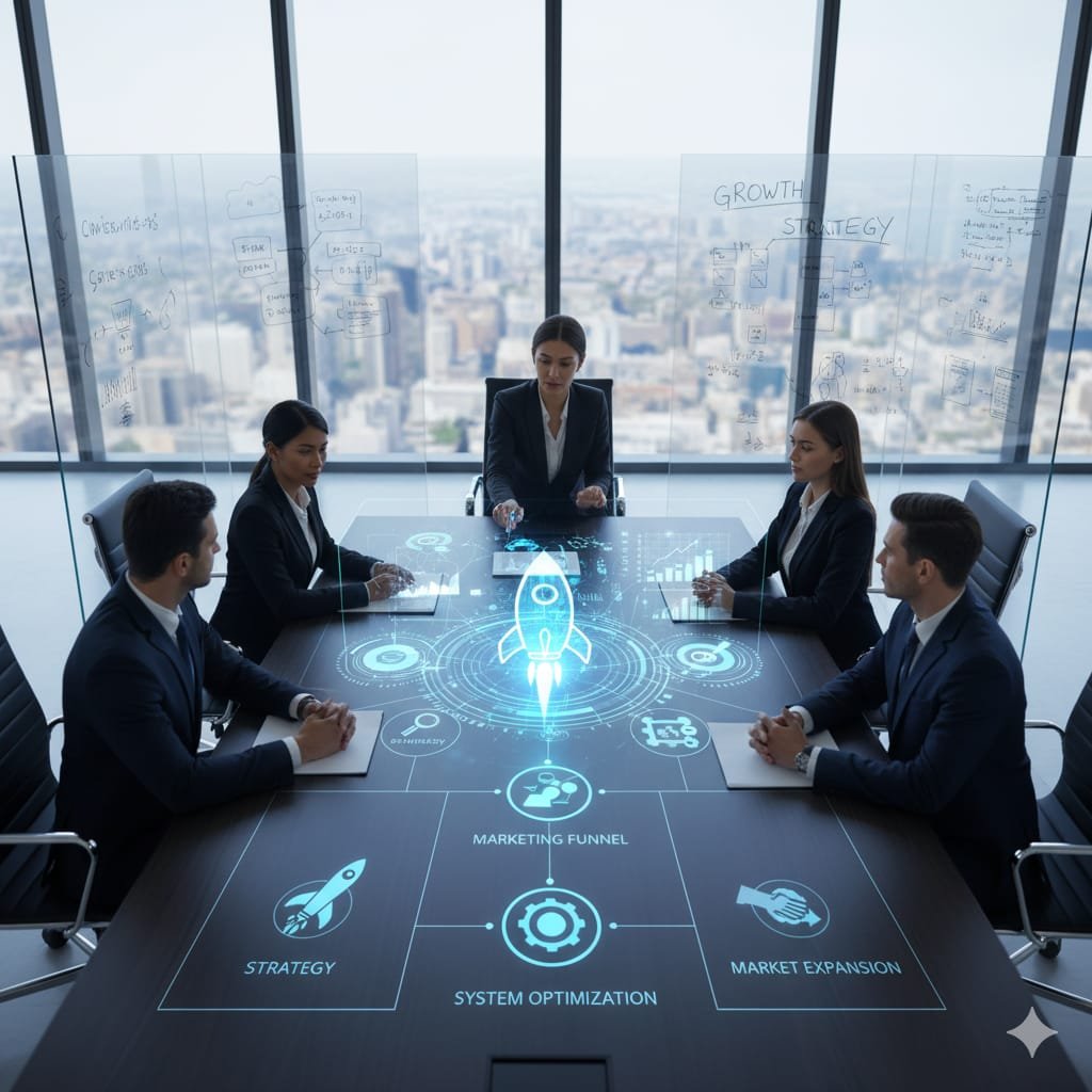 Consultants and executives in a boardroom meeting discussing growth strategy