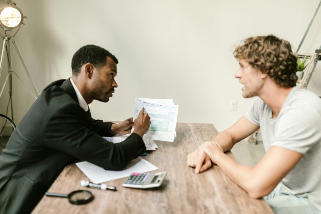 Business team discussing strategy during a professional meeting in an office setting