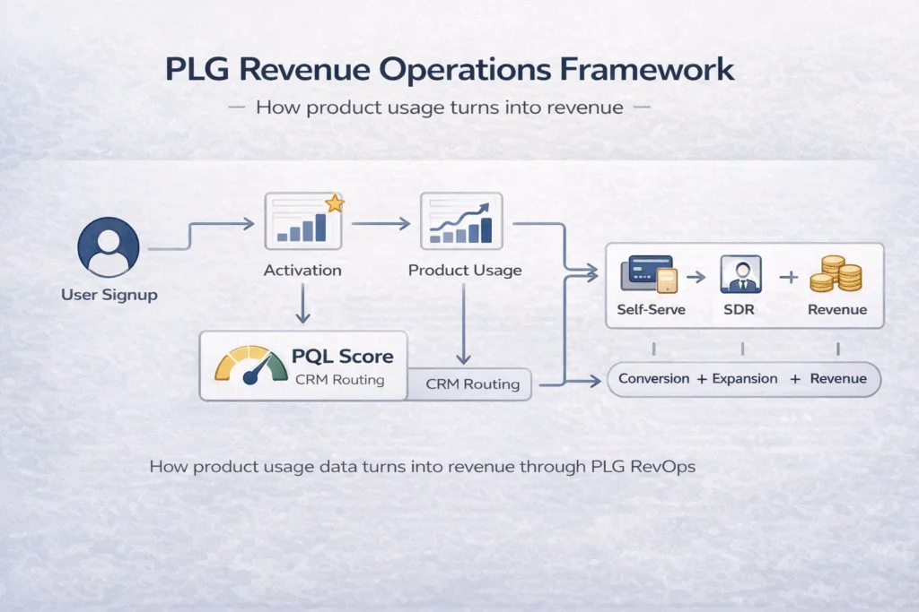 product led growth revenue operations flow showing activation pql scoring and sales routing
