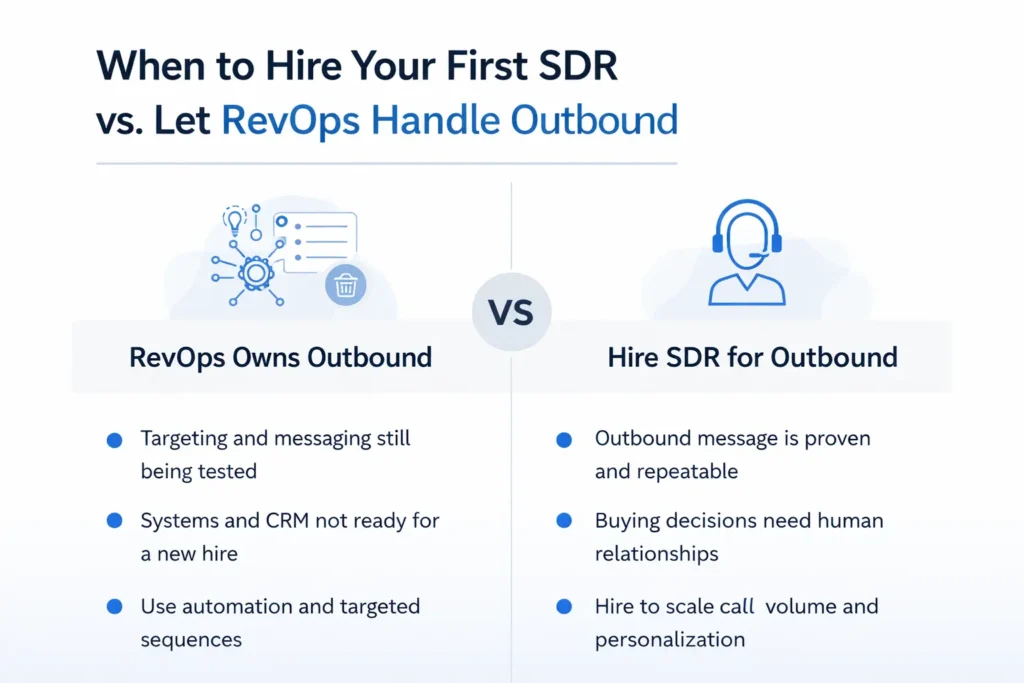 SDR vs RevOps outbound decision infographic showing when to hire SDR and when RevOps should handle outbound